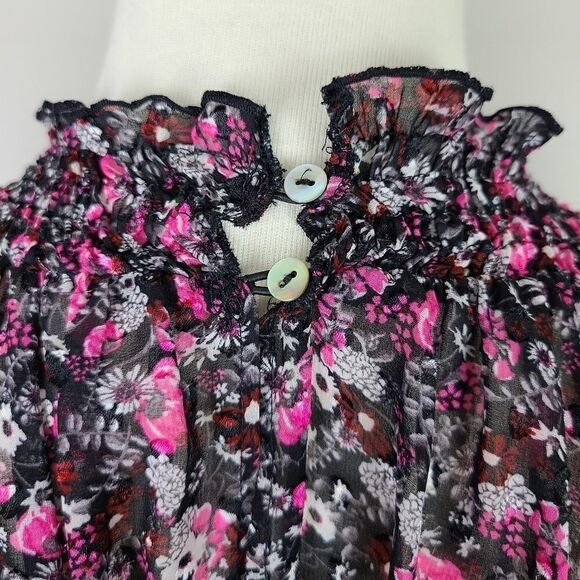 Zara Black & Pink Floral Mock Neck Peplum Blouse XS - Picture 12 of 16